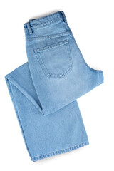 Denim blue jean, folded blue jeans pants back side with pocket isolated, cut out on white, transparent  background, top view. Fashion concept, business, shopping, sale.