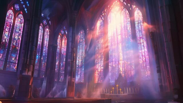 A blinding white light that floods in through the high stained glass windows illuminating the ancient texts and casting eerie shadows on the walls.