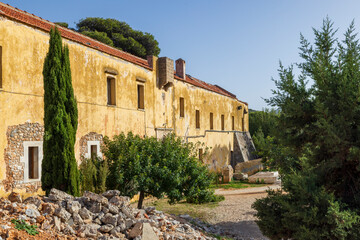 Europe, Greece, Crete, Chania. 15th century Greek Orthodox Katholiko Monastery (Moni Katholikou) or Monastery of St John the Hermit. Exterior.