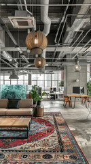 An image showcasing the modern industrial design of a contemporary office space, featuring exposed piping, large windows, a colorful rug, and unique lighting fixtures