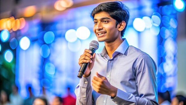 young Indian entrepreneur giving a success speech on conference or stage with microphone on hand
