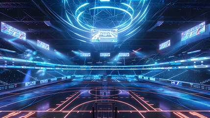 A futuristic sports arena with augmented reality elements.