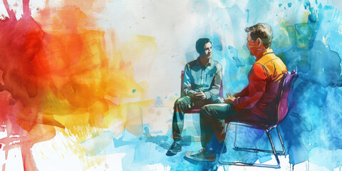 Two men sit facing each other in chairs against a vibrant watercolor background, the man on the right leaning forward