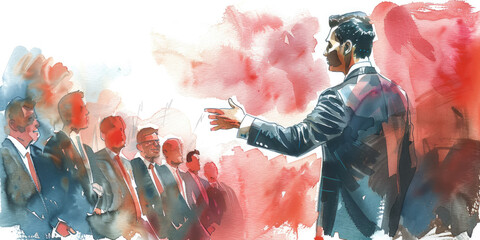A watercolor illustration of a businessman giving a presentation to a group of colleagues. He is standing in front of them with his hand outstretched, as if to emphasize a point