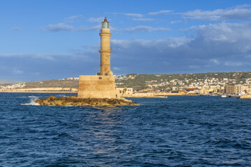 Fototapeta premium Europe, Greece, Crete, Chania harbor, old town. Chania Lighthouse.