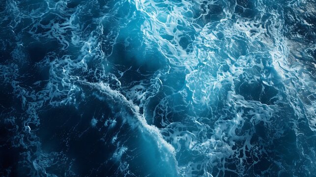 Foamy texture background of blue sea, Crashing waves on the beach, Blue ocean surface, top view.
