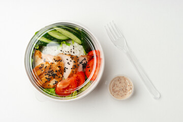 Take out poke bowl isolated on white background