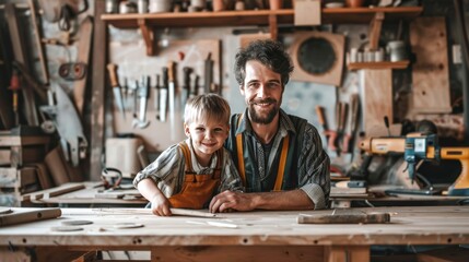 Cheerful young male carpenter and his son working in workshop 