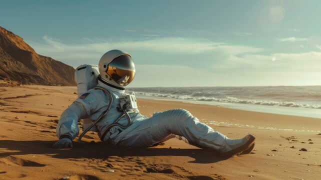 A man in a spacesuit is laying on the beach