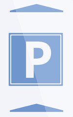 Blue parking sign with arrows pointing up and down, indicating the entrance and exit of a parking area