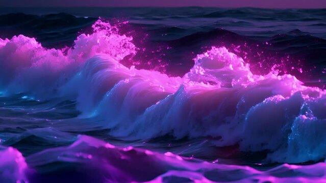 The waves roll and twist each crest a different neon hue as if the ocean is under a black light.