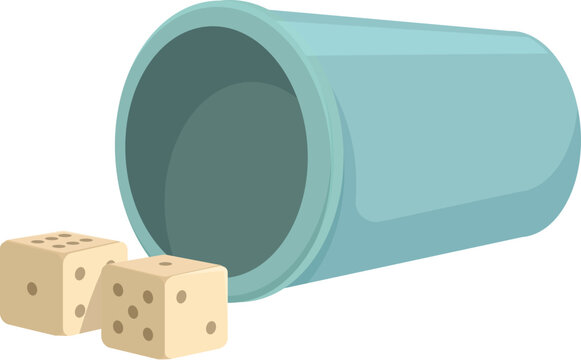 Two dice are rolling out of a plastic cup on white background