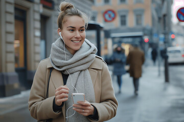 Obraz premium A beautiful Swedish woman listening to music using earphones and smiling