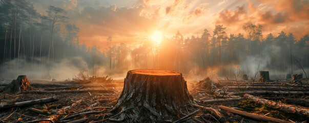 Panoramic view of the deforested forest in the fog morning. Deforestation concept.