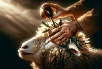  목자와 양, 양의 머리에 기름을 붓는 장면(The scene of pouring oil on a sheep's head)