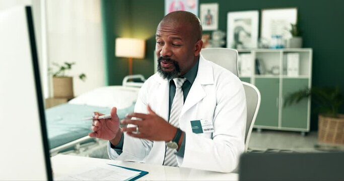 Black man, doctor and consulting with video call in Telehealth, proposal or virtual meeting at clinic. African surgeon or male person explaining or talking with documents or computer on new discovery