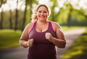 Fototapeta premium Plus size, overweight, happy, blonde woman, running for weight loss in the park. Exercise and healthy lifestyle.