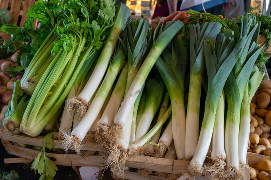 Bunches of fresh young leek onion and green selery on local farmers market in Dordogne, France, close up