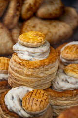 Stuffed puss pastry filled with meat pr muchrooms sauce, French cousune vol-au-vent starter dish