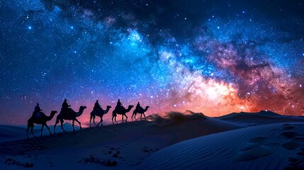 Naklejka premium Camel caravan silhouettes crossing desert under starry night sky. The scene is breathtaking with the milky way glowing brightly above the dunes. Perfect for travel blogs or adventure themes. AI.