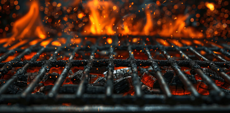 Background template of alose up of an empty barbecue grill with flames and coal