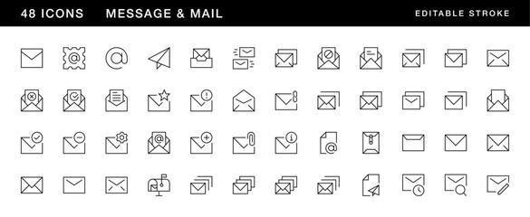 Icons. Message and mail icon collection. Mail, message, conversation, communication, contact, dialogue and more. Editable stroke. Pixel Perfect. Grid base 32 x 32.
