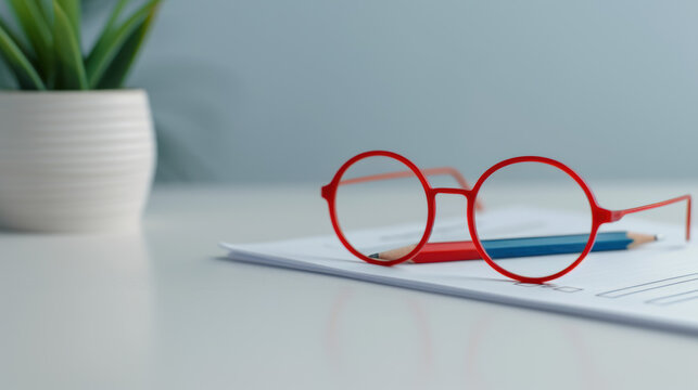 A pair of red glasses sits on top of a piece of paper with a pencil next to it