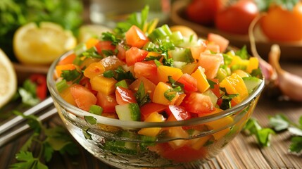 Fresh Salad with Tomatoes, Yellow Peppers, and Cucumber