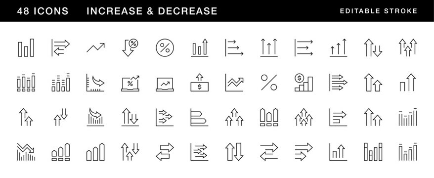 Increase and decrease icon collection. Business growth, finance, economy, statistics, summary, growing, sales report and more. Editable stroke. Pixel Perfect. Grid base 32 x 32.