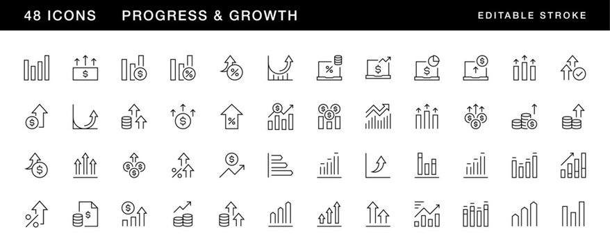 Progress and growth icon collection. Increase, finance, business, investment, business growth, profit, economy and more. Editable stroke. Pixel Perfect. Grid base 32 x 32.