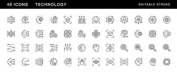 Technology icon collection. Circuit, automation, machine learning, virtual reality, artificial intelligence and more. Editable stroke. Pixel Perfect. Grid base 32 x 32.