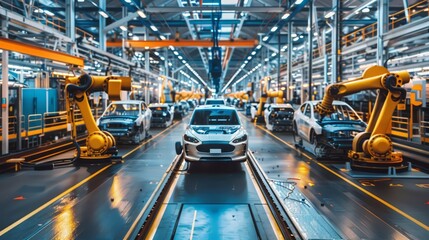 Fototapeta premium Automated Robot Arm Assembly Line Manufacturing High-Tech Green Energy Electric Vehicles. Automatic Construction, Building, Welding Industrial Production Conveyor. Front View