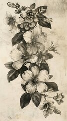 Nostalgic old engraving, delicate flowers immortalized in intricate detail, evoking the timeless beauty and craftsmanship of traditional engraving techniques, a vintage tribute to nature's elegance
