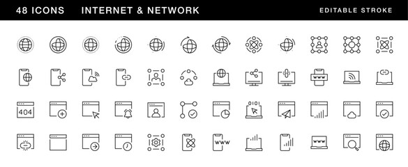 Network icon collection. Internet icon set. Globe, website, connection, browser, wireless and more. Editable stroke. Pixel Perfect. Grid base 32 x 32.