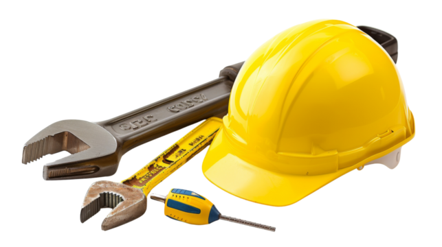 Yellow hard hat and tools on white background