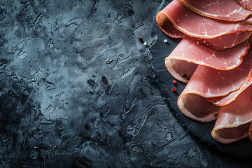 Slices of ripening ham close-up on a dark background with space for text or inscriptions
