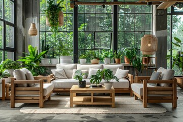Eco-friendly living room with lush indoor plants and wooden furniture in a bright space