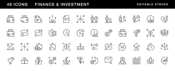 Investment icon collection. Finance icon set. Money, deposit, dividend, investment project, money flow and more. Editable stroke. Pixel Perfect. Grid base 32 x 32.