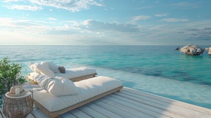 Obraz premium A beach scene with a wooden deck and a view of the ocean