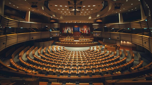 Modern legislative assembly hall with curved seating and a large stage. Image representing a political or formal meeting setting, suitable for documentaries or news articles. Generated by AI