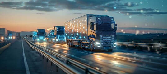 Futuristic cargo trucks on highway at sunset showcasing advanced technology and transportation