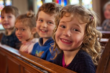 Young Children Sitting In Church Pew Smiling And Looking At Camera