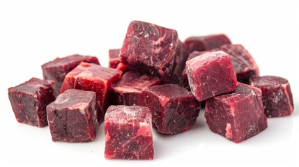 Raw meat cubes isolated on white wallpaper background