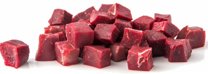 Raw meat cubes isolated on white wallpaper background