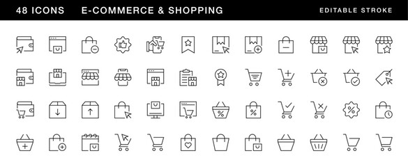 E-commerce icon collection. Shopping icon set. Purchase, e-business, retail, discount, cart, box delivery, shopping bag and more. Editable stroke. Pixel Perfect. Grid base 32 x 32.