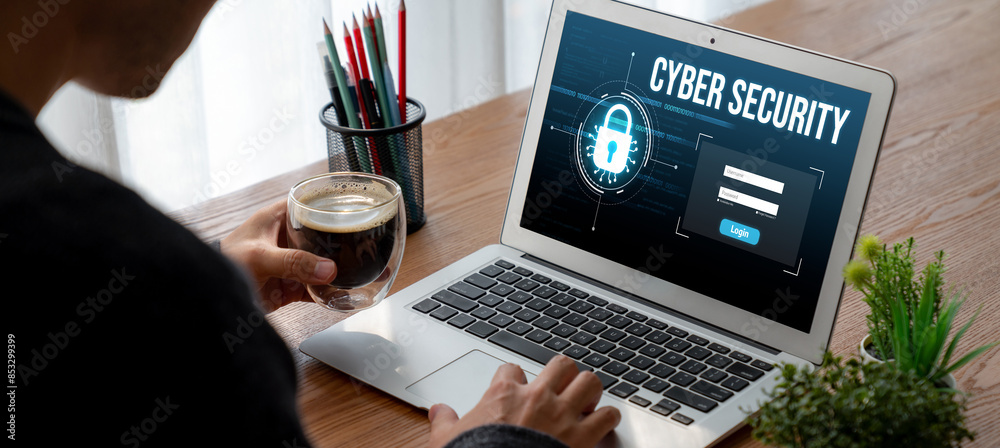 Poster cyber security system on computer screen protect private information snugly from hacker and cyber at