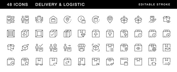 Delivery icon collection. Logistic icon set. Delivery icon set. Package, box, tracking, supply chain, parcel, container, inventory and more. Editable stroke. Pixel Perfect. Grid base 32 x 32.
