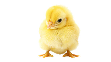 Obraz premium Little chicken, yellow chick newborn on white background