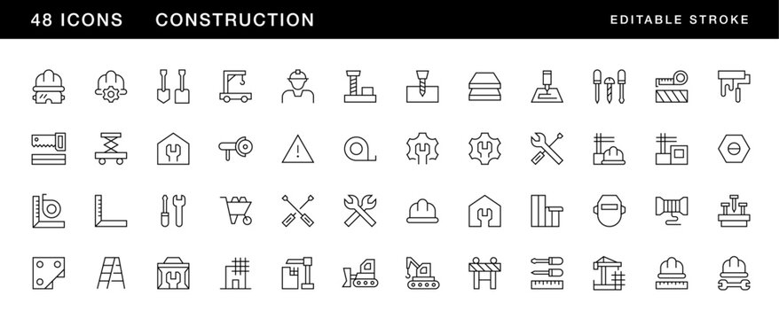 Construction icon collection. Equipment, maintenance, instrument, measure, grinders, labour, renovation and more. Editable stroke. Pixel Perfect. Grid base 32 x 32.