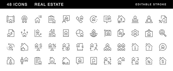 Real estate icon collection. Property, relator, mortgage, house loan, house rent, rent cost, ownership and more. Editable stroke. Pixel Perfect. Grid base 32 x 32.